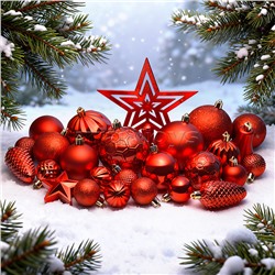 Набор новогодних украшений "Красный иней" (45шт х 4, 6, 8 см)