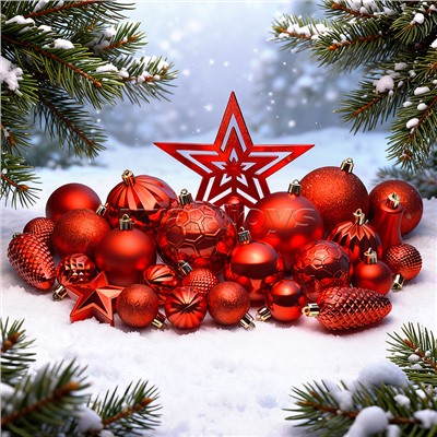 Набор новогодних украшений "Красный иней" (45шт х 4, 6, 8 см)