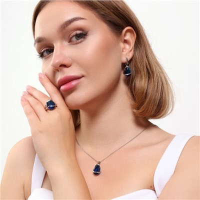 Комплект ювелирная бижутерия серьги, кулон и кольцо 19 р, покрытие: посеребрение, вставка: фианит, цвет: синий, арт.313.068-19