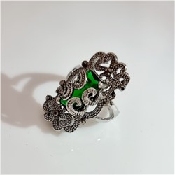 Кольцо перстень крупный ювелирная бижутерия, покрытие посеребрение, вставка: фианиты, цвет графит и зеленый, 17 р, арт.213.742-17