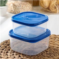 Набор контейнеров для хранения еды Доляна, квадратных, 2 шт.: 450 мл, 700 мл, пластик, прозрачные, крышка синяя