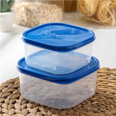 Набор контейнеров для хранения еды Доляна, квадратных, 2 шт.: 450 мл, 700 мл, пластик, прозрачные, крышка синяя