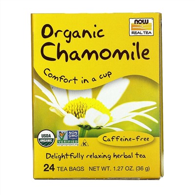Now Foods, Real Tea, органический чай, ромашка, без кофеина, 24 чайных пакетика, по 1,5 г