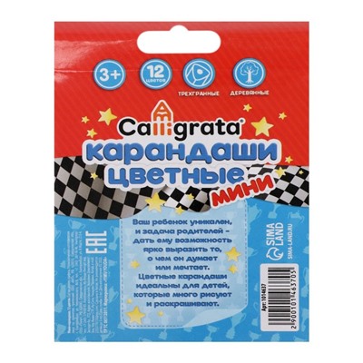 Карандаши Calligrata «Машинка», 12 цветов, деревянные, трёхгранные, мини