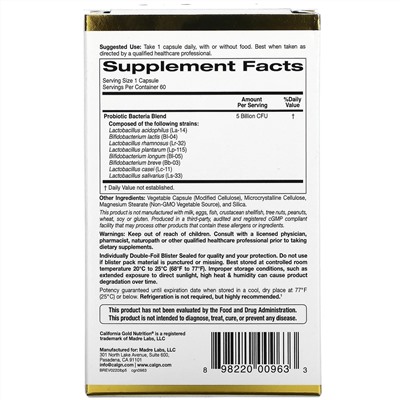 California Gold Nutrition, LactoBif, пробиотики, 5 млрд КОЕ, 60 растительных капсул