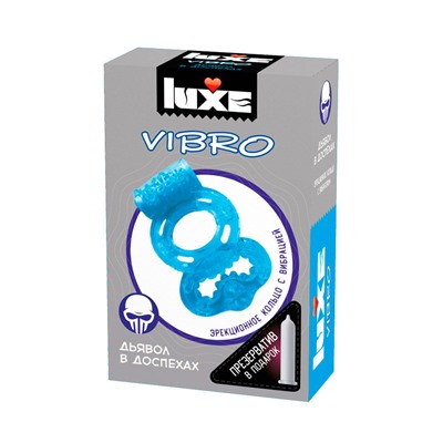 Голубое эрекционное виброкольцо Luxe VIBRO «Дьявол в доспехах» + презерватив