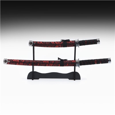 Макет оружия «Сувенирные катаны на подставке 2в1. Красный дракон на чёрном», подарочный набор, ножны кожзам, 47 см; 70 см