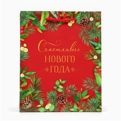 Пакет подарочный новогодний ламинированный «Счастливого Нового года», на красном, 18×22.3×10 см