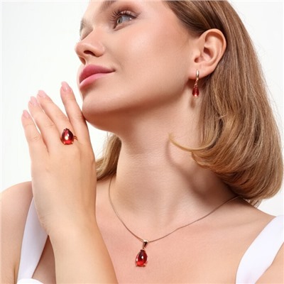 Комплект ювелирная бижутерия коллекция  "Дубай" серьги, кулон и кольцо 17 р, покрытие: позолота, вставка: пластик, цвет: красный, арт.215.419-17