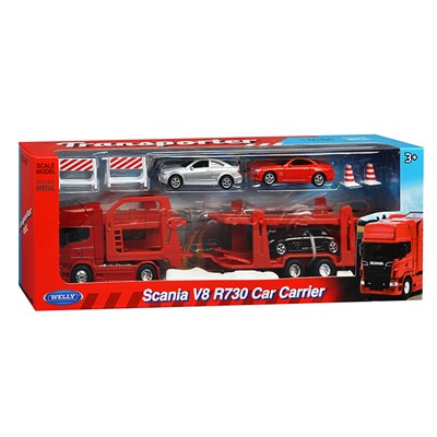 Набор 1:64, Грузовик Scania V8 R730 с тремя легковыми машинками