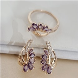 Комплект ювелирной бижутерии коллекция "Дубай" серьги и кольцо 19 р, покрытие позолота, вставка: фианиты и цирконы, цвет: фиолетовый и прозрачный, арт.215.743-19