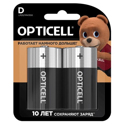 Батарейка алкалиновая OPTICELL, D, LR20-2BL, 1.5В, блистер, 2 шт