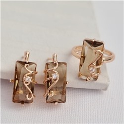 Комплект ювелирной бижутерии коллекция "Дубай" серьги и кольцо 19 р, покрытие позолота, вставка: фианиты, цвет: коричневый, арт.414.023-19