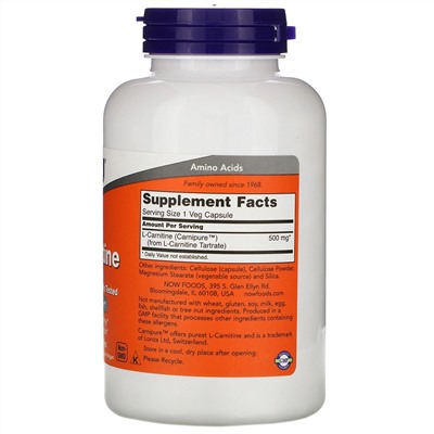 Now Foods, L-карнитин, 500 мг, 180 растительных капсул