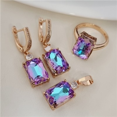 Комплект ювелирной бижутерии коллекция "Дубай" серьги, кулон и кольцо 20 р, покрытие позолота, вставка: фианит, цвет: розовый и голубой, арт.313.187-20