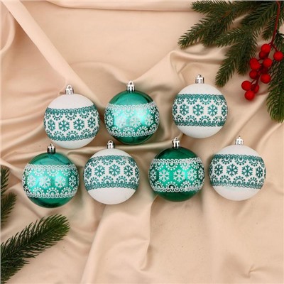 Ёлочные игрушки «Изумрудик-снежный орнамент», шары новогодние, d=8 см, набор 7 шт., бело-зелёный