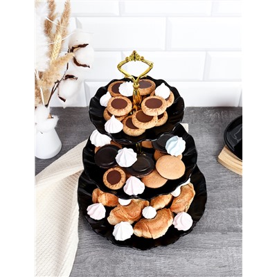 Ваза для сервировки 3-х ярусная 15/20/25 Круг Волна черная / KB22 /уп 80/ Пластик/739562