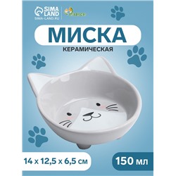 Миска «Голова кота», 150 мл, 14×12.5×6.5 см, керамика, серая