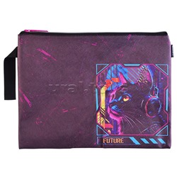 Папка для тетрадей "Label. Cyber Cat" A4 (34,5x25,5x1,5 см) на молнии сверху, с ручкой, искусственная кожа до -40C с антивандальной фактурой, с подкладом