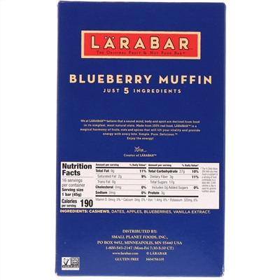 Larabar, The Original Fruit & Nut Food Bar, Blueberry Muffin, 16 Bars, 1.6 oz (45 g) Each