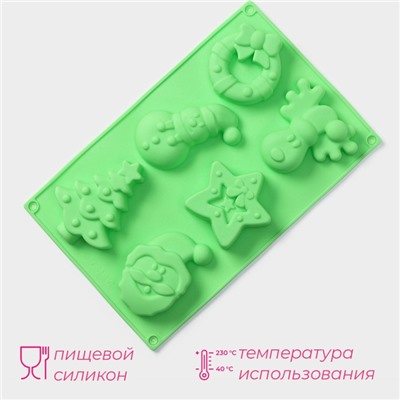 Форма для выпечки Доляна «Новый год», силикон, 27×17×2 см, 6 ячеек, зелёная