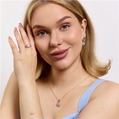 Комплект ювелирной бижутерии Дубайское золото: серьги, кулон и кольцо 20 р с крупным камнем, покрытие позолота, вставка: фианит, цвет: голубой, арт.314.964-20