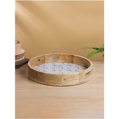 Поднос круглый с бортиками «Синие птицы», 35×35×6.5 см, дерево манго