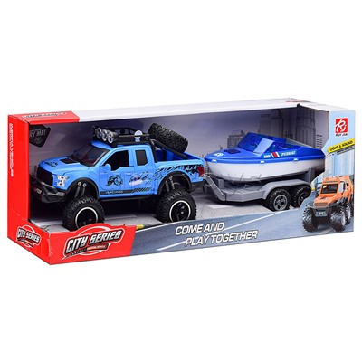 Машина с прицепом и лодкой (свет, звук) в коробке