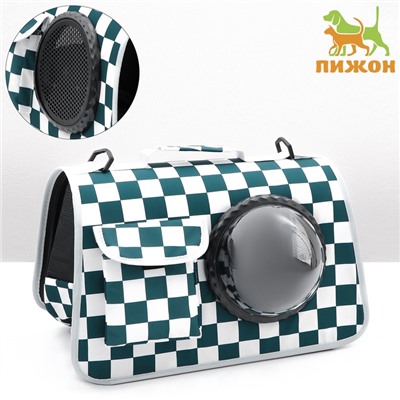 Сумка - переноска, 43×24×28 см, с органайзером и иллюминатором, белая, зелёная