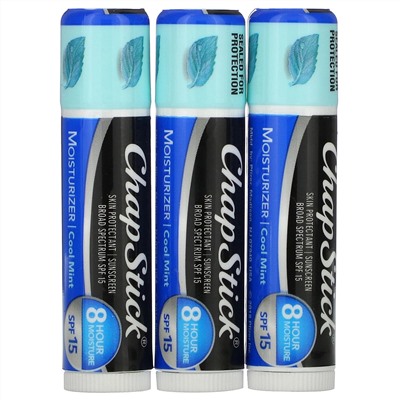 Chapstick, 2-In-1 Lip Care Skin Protectant, SPF 15, Cool Mint, 3 Sticks, 0.15 oz (4 g) Each