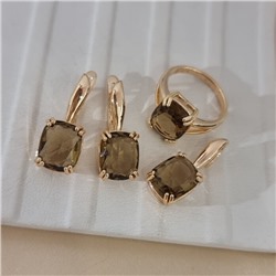 Комплект ювелирной бижутерии коллекция "Дубай" серьги, кулон и кольцо 18 р, покрытие позолота, вставка: стекло, цвет: коричневый, арт.414.321-18