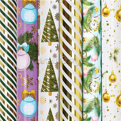 Бумага упаковочная новогодняя "Gold&Green", 70х100 см, ассорти, с эффектами, Золотая сказка