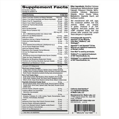 California Gold Nutrition, Ultamins, мультивитаминный комплекс для женщин старше 50 лет с коэнзимом Q10, грибами, ферментами, овощами и ягодами, 60 растительных капсул
