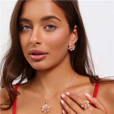 Крупный комплект ювелирной бижутерии коллекция "Дубай" в форме цветов серьги, кулон и кольцо 19 р, покрытие позолота, вставка: фианиты, цвет: прозрачный, арт.314.882-19