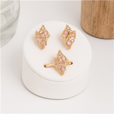 Комплект ювелирной бижутерии коллекция "Дубай" серьги и кольцо 19 р, покрытие позолота, вставка: фианиты, цвет: розовый и прозрачный, арт.007.176-19