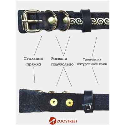 Ошейник, 45×2 см, с бантиком, тесьмой и стразами, кожа, чёрный