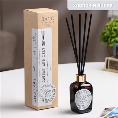 Ароматический диффузор BAGO home, хлопок и лилия, с палочками, для дома, 40 мл
