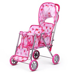Коляска для кукол, для двойни, металлическая, складная, цвет клубнички на розовом