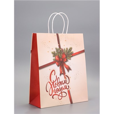 Пакет бумажный подарочный новогодний крафт «Подарок» 32×26×11 см