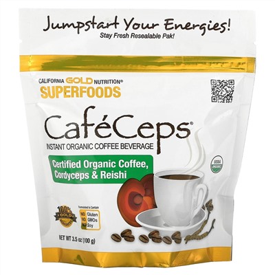 California Gold Nutrition, CafeCeps, сертифицированный органический растворимый кофе с порошком из грибов кордицепс и рейши, 100 г (3,52 унции)