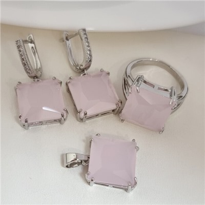 Комплект ювелирной бижутерии серьги, кулон и кольцо 18 р, покрытие посеребрение, вставка: фианит, цвет: розовый матовый, арт.313.150-18