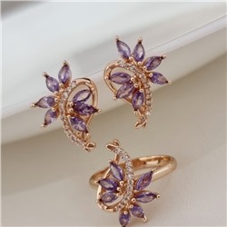 Комплект ювелирной бижутерии коллекция "Дубай" серьги и кольцо 17 р, покрытие позолота, вставка: фианиты, цвет: фиолетовый и прозрачный, арт.215.487-17