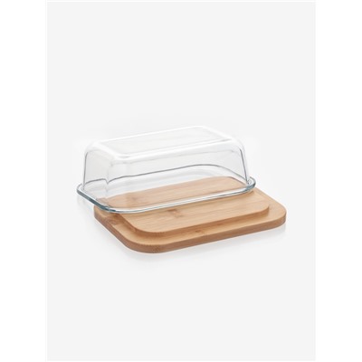 Маслёнка, 17.4×13×6.5 см, с бамбуковой крышкой-подставкой и ножом, стекло, прозрачная