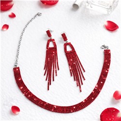 Комплект вечерней бижутерии со стразами чокер и серьги, цвет: красный, арт.012.100