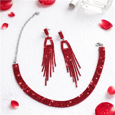 Комплект вечерней бижутерии со стразами чокер и серьги, цвет: красный, арт.012.100