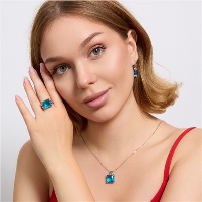 Комплект ювелирной бижутерии серьги, кулон и кольцо 19 р, покрытие посеребрение, вставка: фианит, цвет: голубой, арт.313.152-19