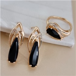 Комплект ювелирной бижутерии коллекция "Дубай" серьги и кольцо 19 р, покрытие позолота, вставка: стекло и цирконы, цвет: черный и прозрачный, арт.313.497-19