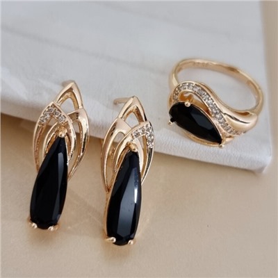 Комплект ювелирной бижутерии коллекция "Дубай" серьги и кольцо 18 р, покрытие позолота, вставка: стекло и цирконы, цвет: черный и прозрачный, арт.313.497-18