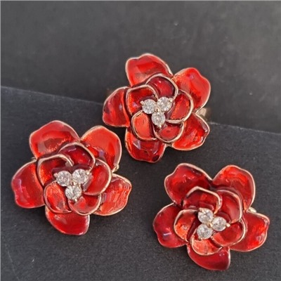 Комплект ювелирная бижутерия коллекция  "Дубай" серьги и кольцо 19 р, покрытие: позолота, вставка: витражная эмаль бордового цвета, арт.313.116-19