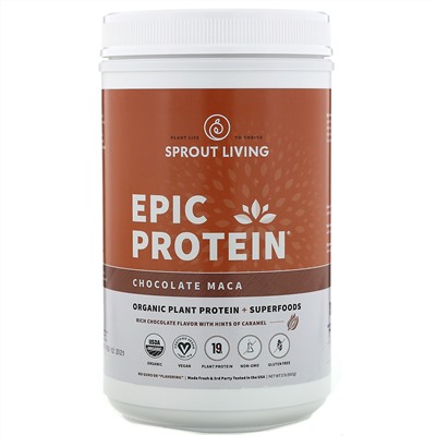 Sprout Living, Epic Protein, органический растительный протеин и суперфуды, шоколад и мака, 910 г (2 фунта)